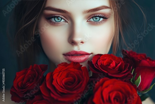 Beautiful girl with red roses on a dark background. Close-up. Portrait of a beautiful woman with red roses. Beauty, cosmetics. Valentines day concept with generative ai