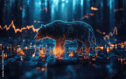 A bear made of candlelight walking through an abstract digital forest with stock market charts as trees, symbolizing the nature and motion of financial trends in trading. Created with Ai