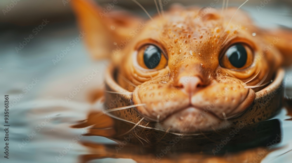 A tight shot of a cat's expressive face peering from a water basin, eyes gleaming wide open A tight shot of a cat's expressive face peering from a water basin, eyes gleaming wide open