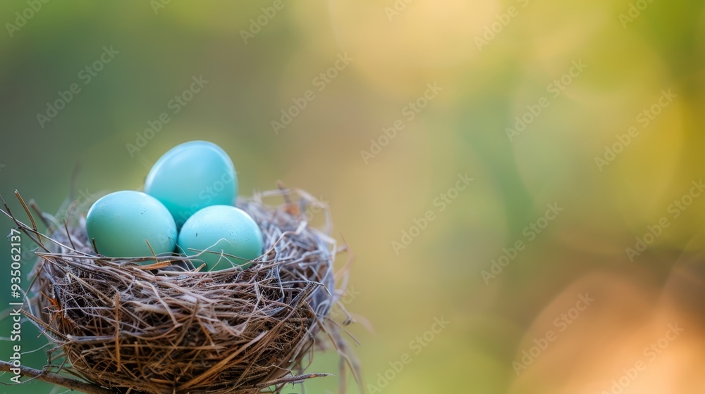 A clear background reveals a bird's nest with three blue eggs in its center A clear background reveals a bird's nest with three blue eggs in its center