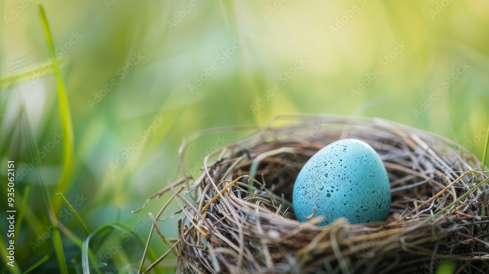 an egg with a blue hue in its center, surrounded by verdant grass in the background an egg with a blue hue in its center, surrounded by verdant grass in the background