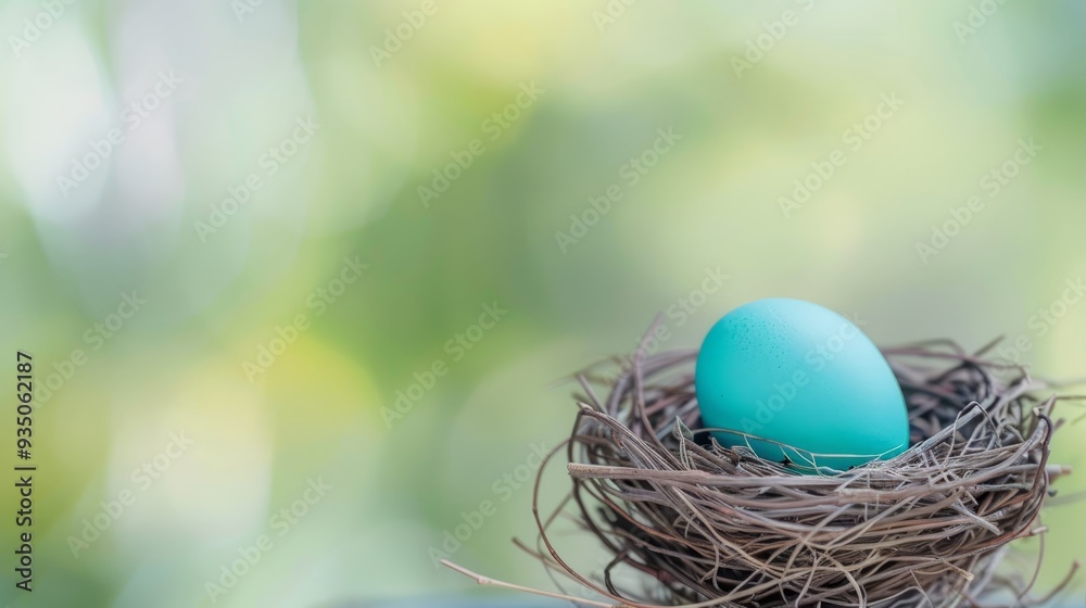 A blue egg in a bird's nest atop a wooden table A blue egg in a bird's nest atop a wooden table
