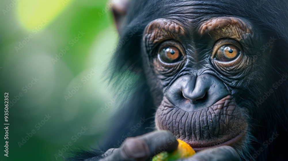 A tight shot of a monkey with a juicy fruit in its mouth gazing at the camera A tight shot of a monkey with a juicy fruit in its mouth gazing at the camera