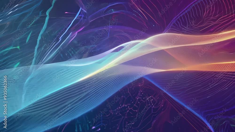 Exploring vibrant digital waves and colors in an abstract representation of sound and light dynamics at dawn