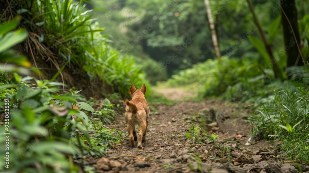 A small brown dog walks down a dirt path in a forest, surrounded by lush green plants on each side A small brown dog walks down a dirt path in a forest, surrounded by lush green plants on each side