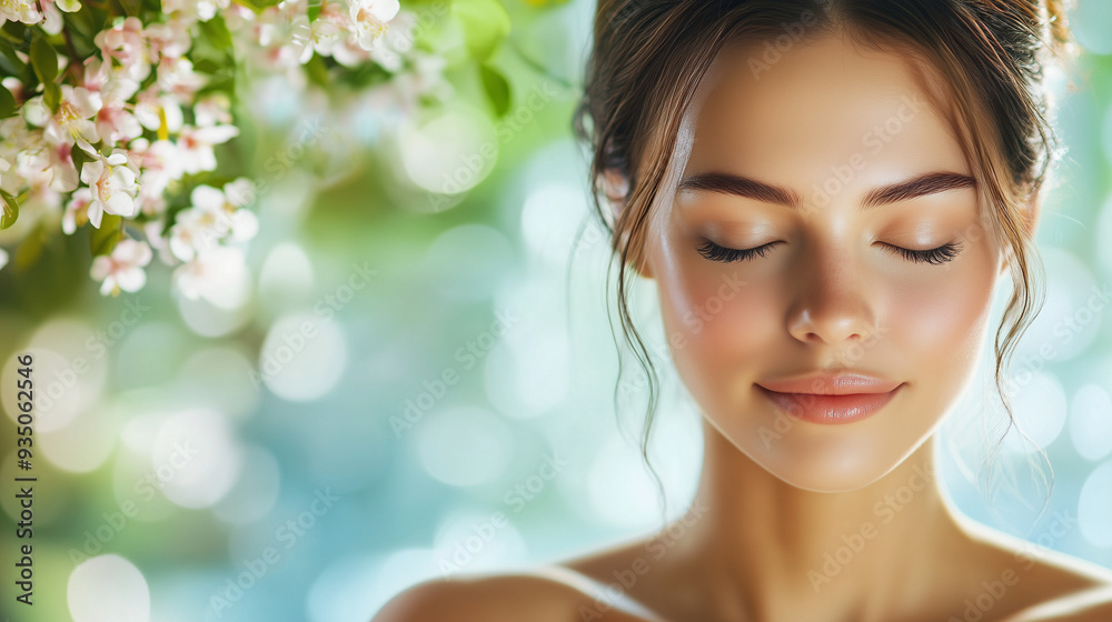 A relaxed young woman with closed eyes experiences a rejuvenating spa atmosphere, surrounded by delicate flowers and soothing light, copy space A relaxed young woman with closed eyes experiences a rejuvenating spa atmosphere, surrounded by delicate flowers and soothing light, copy space