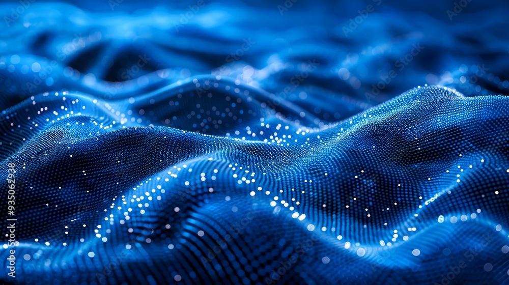 Abstract Blue Wavy Surface with Glowing Dots