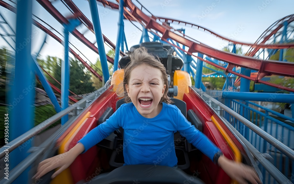 A photo of a child with a hysterically happy face riding a rollercoaster at an amusement park. A photo of a child with a hysterically happy face riding a rollercoaster at an amusement park.