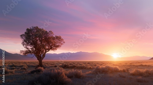  A solitary tree in the open field, silhouetted against the sunset Distant mountains in the background