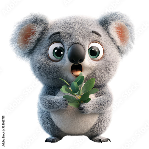 Cute cartoon koala character happily holding a green leaf. Perfect for children's illustrations and wildlife-themed projects. photo