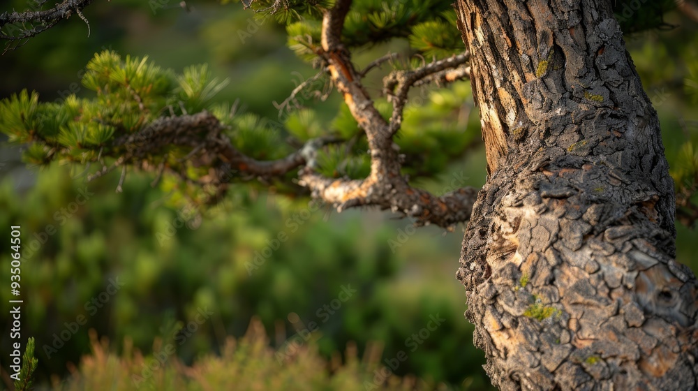 A tight shot of a pine tree's upper portion, featuring a bird atop its peak in the near distance A tight shot of a pine tree's upper portion, featuring a bird atop its peak in the near distance