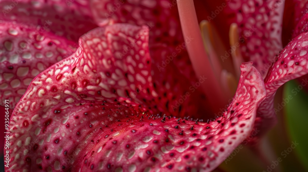 A tight shot of a rosy flower, adorned with pearls of water on its petals, and the stamens prominently displayed A tight shot of a rosy flower, adorned with pearls of water on its petals, and the stamens prominently displayed