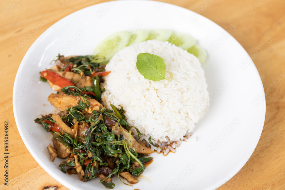 Thai Cuisine: Fried Rice with Chicken, Basil, and Vegetables on a Plate, Highlighting the Flavors of Local Asian Herbs and Food Thai Cuisine: Fried Rice with Chicken, Basil, and Vegetables on a Plate, Highlighting the Flavors of Local Asian Herbs and Food