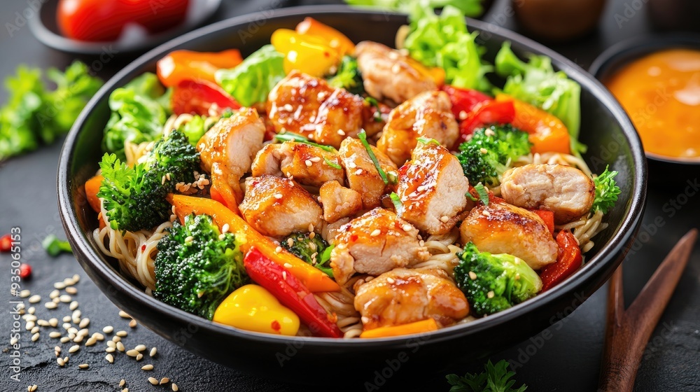 A bowl of teriyaki chicken with noodles, broccoli, red and yellow peppers, and a drizzle of sesame seeds. A bowl of teriyaki chicken with noodles, broccoli, red and yellow peppers, and a drizzle of sesame seeds.