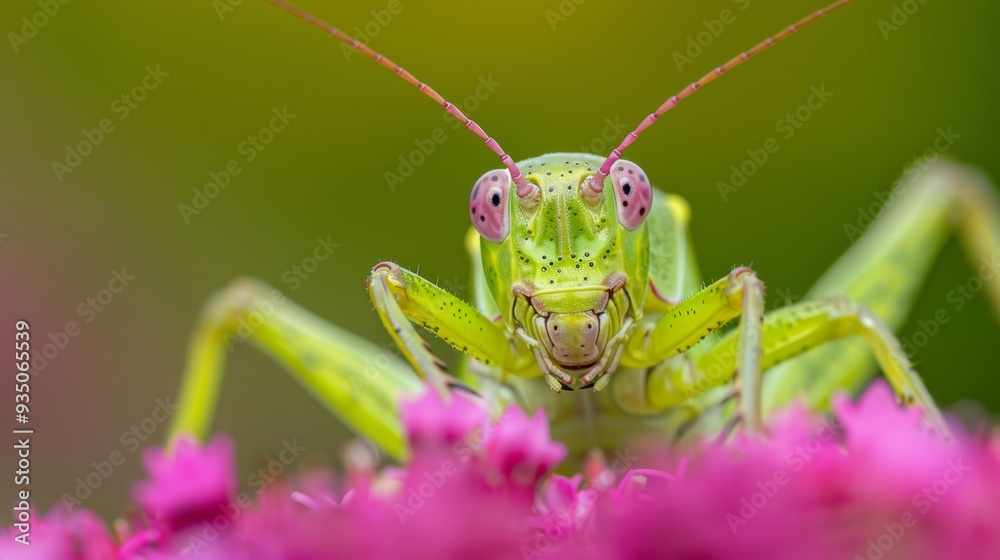A macro shot of a grasshopper against pink flowers, with a green grasshopper in the backdrop A macro shot of a grasshopper against pink flowers, with a green grasshopper in the backdrop