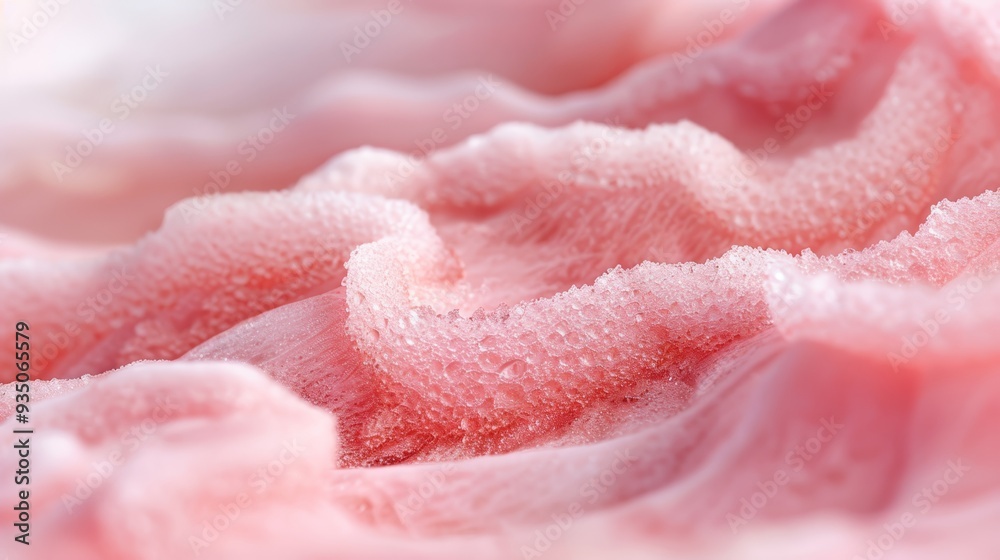Fototapeta premium A tight shot of pink fabric, adorned with water droplets, against a softly blurred backdrop of the same fabric
