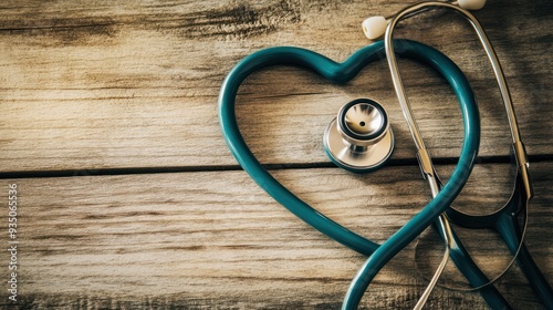 Stethoscope Heart Shape on Wooden Background