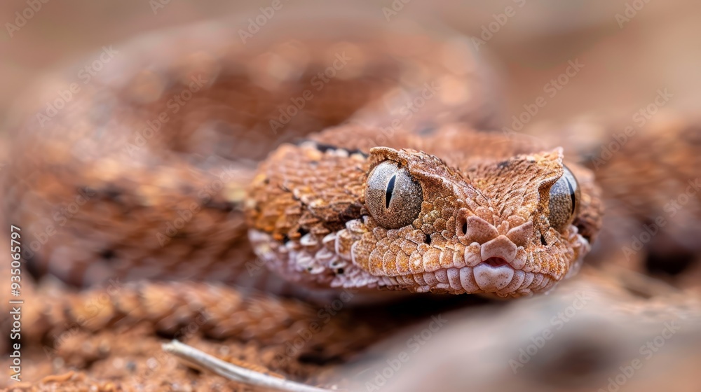 A tight shot of a snake's head, eyes fully dilated, against a hazy backdrop A tight shot of a snake's head, eyes fully dilated, against a hazy backdrop