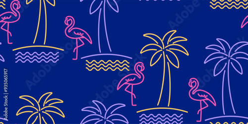 Seamless pattern with flamingo and palm trees in modern neon color. Outline minimal illustration.