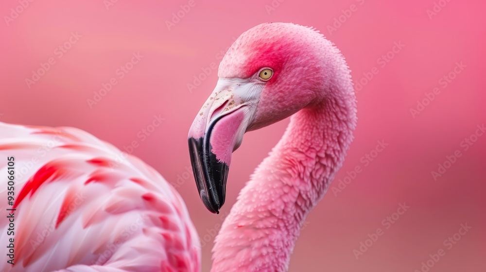 Fototapeta premium A pink flamingo in close-up, head tilted to the side, against a pink background