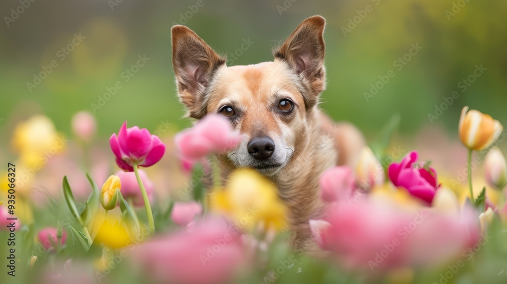 A dog positioned in a field of vibrant tulips A dog positioned in a field of vibrant tulips