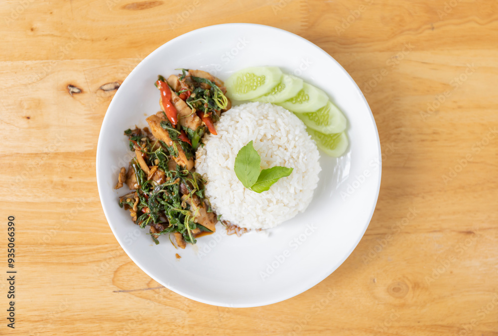 Thai Cuisine: Fried Rice with Chicken, Basil, and Vegetables on a Plate, Highlighting the Flavors of Local Asian Herbs and Food Thai Cuisine: Fried Rice with Chicken, Basil, and Vegetables on a Plate, Highlighting the Flavors of Local Asian Herbs and Food