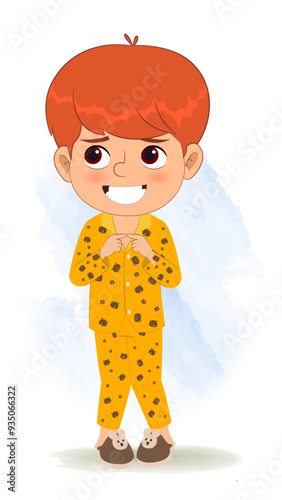 American shy boy cartoon character, in a night suit with orange hair.