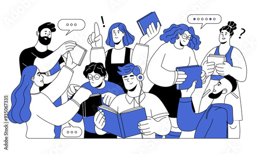 Bookcrossing concept. Group of happy men and women literature fans sharing books with each other. Friends reading and exchanging textbooks. Outline vector illustration isolated on white background