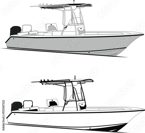 Side view fishing boat vector line art illustration t-shirt and printable on various materials.