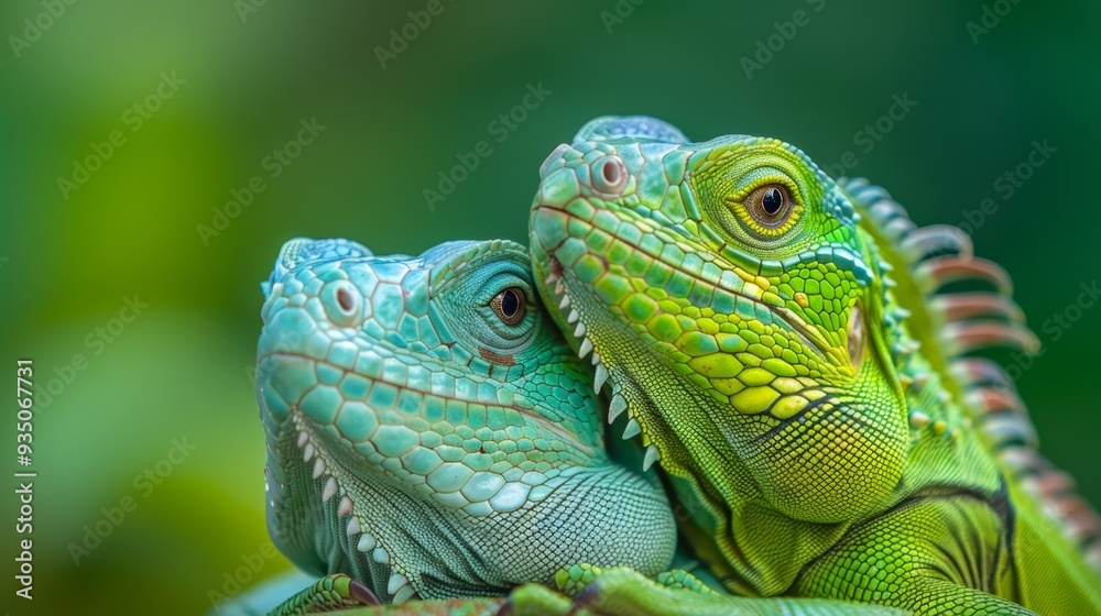 Two green lizards resting atop a verdant, leafy expanse of grass Two green lizards resting atop a verdant, leafy expanse of grass