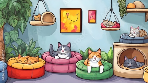 Playful Feline Oasis Cats Lounging in Colorful Cat Beds with Vibrant Wall Decor