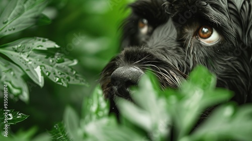 Wallpaper Mural  A dog's face, eyes wide, peers from amongst bush leaves Torontodigital.ca