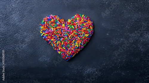A heart shaped cookie covered in sprinkles on a black surface
