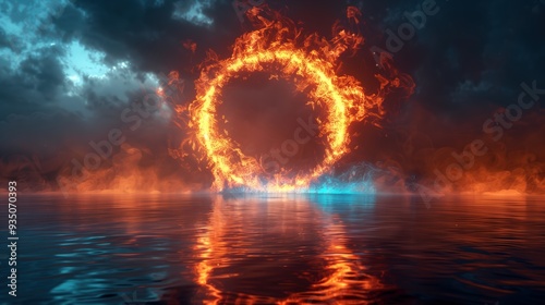 A striking ring of fire and ice transitioning from red and blue. The contrast between the fiery red and icy blue elements creates a captivating visual representation of opposing forces.