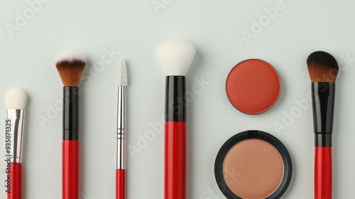 Clear and sharp flat lay of cosmetic items including brushes, compacts, and beauty tools