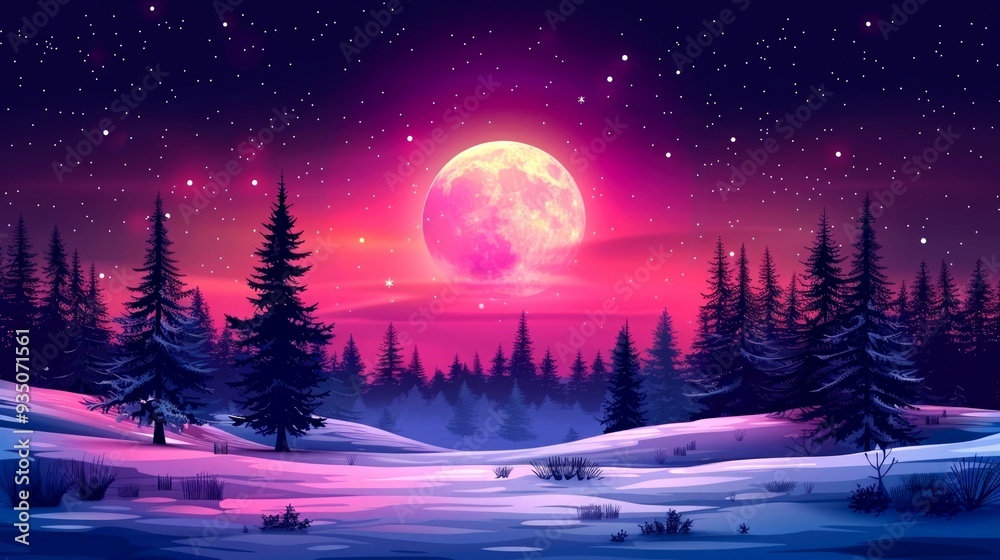 A Pink Moon Shines Over a Snowy Forest at Night A Pink Moon Shines Over a Snowy Forest at Night