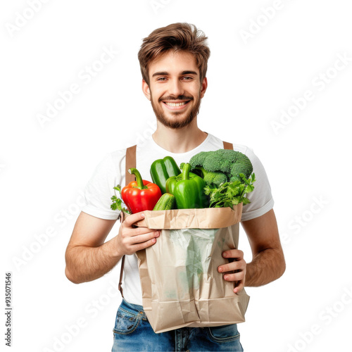 Smiling young man holding groceries vegetable shopping bag standing isolate on white or transparent background