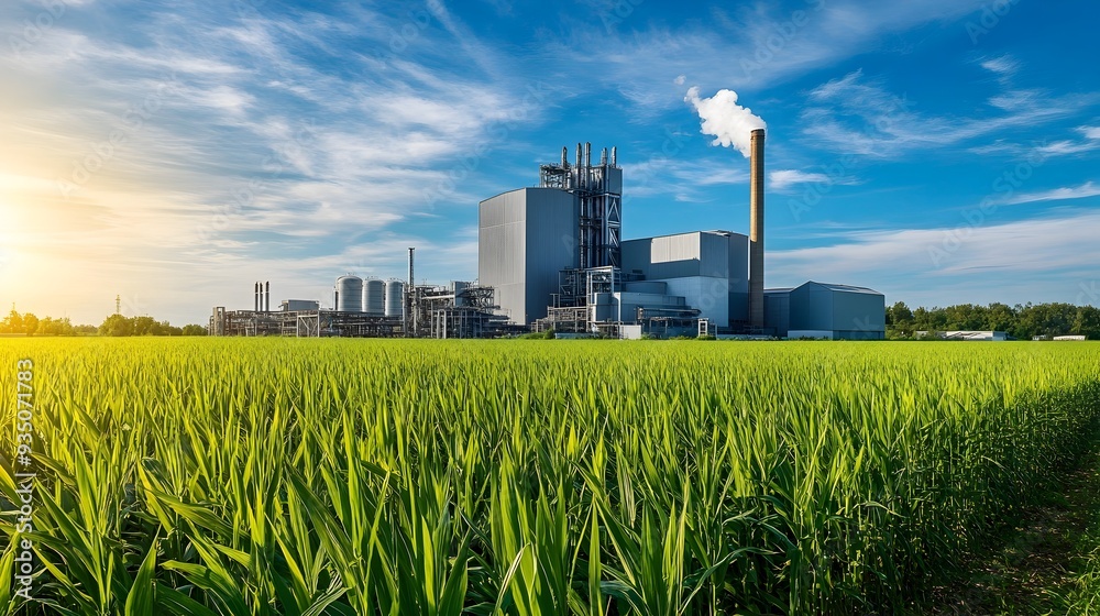 Modern Biomass Power Plant Generating Clean Energy from Organic Materials in a Lush Rural Landscape Modern Biomass Power Plant Generating Clean Energy from Organic Materials in a Lush Rural Landscape