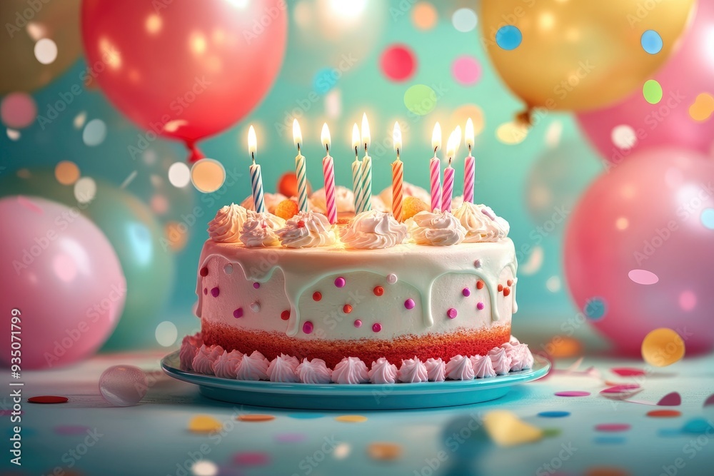 Celebration background concept with sweet cake, candles, balloons and confetti. Happy Birthday background with generative ai Celebration background concept with sweet cake, candles, balloons and confetti. Happy Birthday background with generative ai