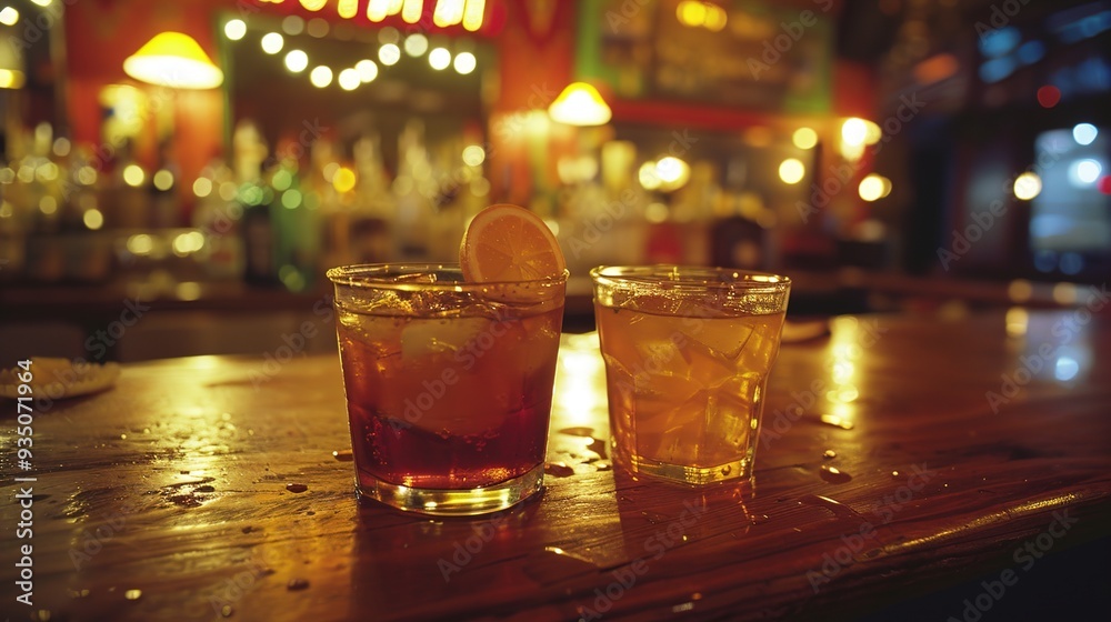 Cozy Winter Night at Pub: Cinematic Documentary Style Photography of Two Drinks on Bar Counter under Warm Ambient Lighting Cozy Winter Night at Pub: Cinematic Documentary Style Photography of Two Drinks on Bar Counter under Warm Ambient Lighting