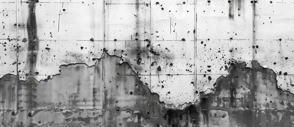 Fototapeta premium Abstract black and white paint splatter on a textured surface. The monochromatic splashes and drips create a striking, dynamic visual effect, perfect for modern, artistic, and edgy presentations.