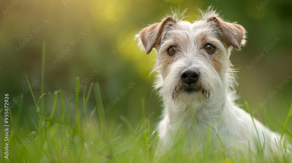  A tight shot of a dog reclining in a lush grassy expanse, surrounded by hazy trees and shrubs