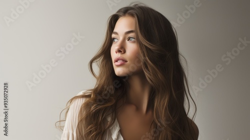 A pretty young woman with a thoughtful expression looking off to the side,