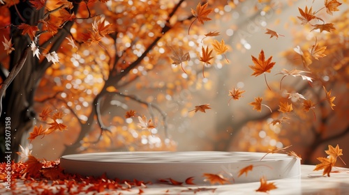 Autumn background with an empty podium for product display, surrounded by vibrant orange and red leaves, perfect for showcasing seasonal items in a beautiful, natural setting with a soft bokeh effect.