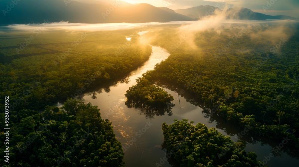 Sunlit River Winding Through a Misty Rainforest Sunlit River Winding Through a Misty Rainforest