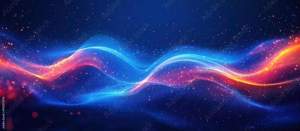 Obraz premium Abstract Background Blue and Orange Waves with Sparkle. Dynamic wave pattern. Modern flowing wavy lines. Futuristic technology concept. Suit for banner, poster, cover, brochure. AI generated image
