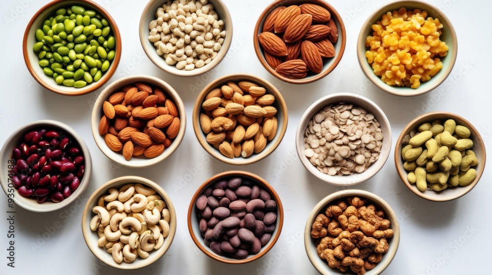 a variety of nuts, seeds, and whole grains displayed in small bowls a variety of nuts, seeds, and whole grains displayed in small bowls