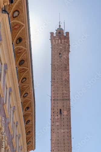 The ancient Asinelli tower stands out over the buildings of the historic center of Bologna, Italy