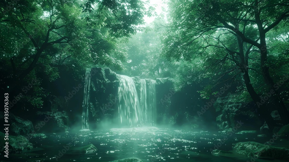 Fototapeta premium A Lush, Forested Waterfall in a Mystical Setting