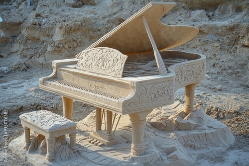 Intricate sand sculpture of a grand piano and bench, showcasing fine detail and craftsmanship in a stunning outdoor setting. photo